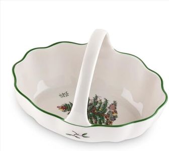 Spode Christmas Tree 6" Basket with Handle, Snack Bowl for Nuts, Candies, Berries. Earthenware Holiday Gift, Festive Serveware & Holiday Trinket Dish, Seasonal Décor