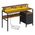 VASAGLE Gaming Desk with LED Lights and Built-In Power Outlets, Computer Desk with Monitor Shelf, Corner Desk, 2 Fabric Drawers, 2 USB Ports, for Home Office, Rustic Brown LWD094K01