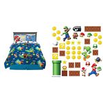 Franco Kids Bedding Super Soft Microfiber Comforter and Sheet Set with Sham (7 Piece Full Size, Mario) + RoomMates Nintendo Super Mario Build a Scene Wall Decal (45 Count)