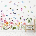 Flowers Butterflies Wall Decals Chrysanthemums Dragonflies Rose Botanical Wall Stickers Fairy Decals PVC Removable Wall Art Decals for Girls Bedroom Nursery Decor, 23.6 x 11.8 Inch (Cute Style)