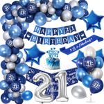 21st Birthday Party Decorations Men,Royal Blue Balloon Arch Kit with Happy Birthday Banner,Cake Topper,Tablecloth,Foil Confetti Balloon,Large Number 21 Balloon,Chrome Blue Silver Balloons