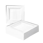 MATANA 80 Premium White Square Plastic Dinner Plates with Silver Rim, 24cm / 9 Inch - Elegant & Reusable Party Plates for Weddings, Birthdays, Picnic, BBQ, Parties