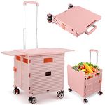 Foldable Utility Cart Collapsible Portable Crate Rolling Carts with Wheels Tote Basket with Magnetic Lid Telescopic Cover Wear-Resistant 360°Rotate Wheel Noiseless for Shopping Storage Office Use