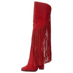 SOVANYOU Women's Rhinestone Cowboy Boots Pointed Toe Block Heel Knee High Boots with Side Zipper, Red, 12