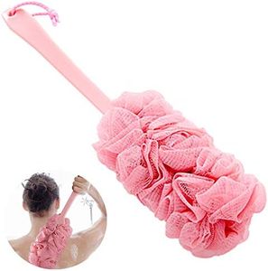 Limeow Scrubber spazzola manico lungo doccia Spugne di pennello Lunga Manico in plastica Scrubber Posteriore Mesh Bath spugna spazzola per Accessori da Bagno per Uomo e Donna (Rosa)