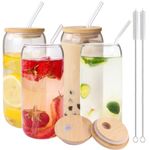 BELICOO 4 Pack Drinking Glasses with Bamboo Lids and Glass Straw, 500ml/17oz Iced Coffee Cup, Glass Cups with Lids and Straws & Brush, Drinking Glasses for Beer, Cocktail, Tea, Coke, Juice, Soda