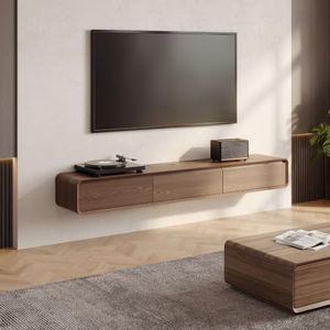 POVISON Fully-Assembled Minimalist Floating TV Stand, Modern Wall-Mounted Entertainment Center with 3 Flip-Down Cabinet Doors, Solid Wood, Walnut Veneer, 78"