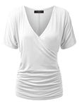 MBJ Womens V Neck Short Sleeve Wrap Front Drape Dolman Top - Made in USA - White -