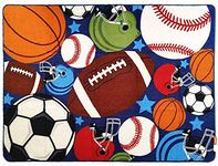 HUAHOO Blue Kids Rug Fun Sport Rugs Nylon Carpet Boys Girls Childrens Rug Balls Print with Soccer Ball, Basketball, Football, Tennis Ball Bedroom Playroom 51'' x 75''