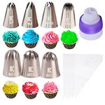 Large and Extra Large Piping Nozzle Set Stainless Steel Tips for Baking and Cake Cupcake Cookie Decorating Icing nozzles for Cakes 2D 1M 4B 1A Drop Flower Stars Shells Tri Coupler