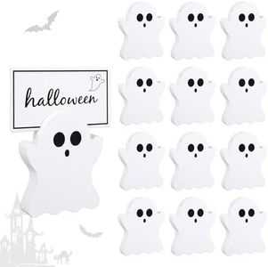 Whaline 12 Pcs Halloween Wooden Place Card Holders with Name Cards White Ghost Table Number Holder Display Stand for Party Home Office Table Setting Supplies