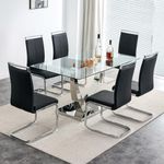 63” Glass Dining Table Set for 6,Modern Dining Room Table Set for 6,Kitchen Table and PU Leather Chairs for 6, Dinner Table with Rectangle Tempered Glass Top and Chrome Silver Base