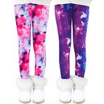 Auranso Girls Fleece Lined Thermal Leggings 2 Pack Kids Winter Thick Warm Cute Printed Trousers, Color B, 6-7 Years (Tag: 130)