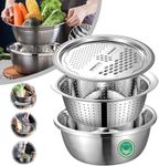 TALLIN Kitchen Multipurpose Grater Bowl with Drain Colander Grater Mesh Basket 3 in 1 Stainless Steel Basin Vegetable and fruit Washing Bowl Strainer Cutter Salad Maker Set (26cm)