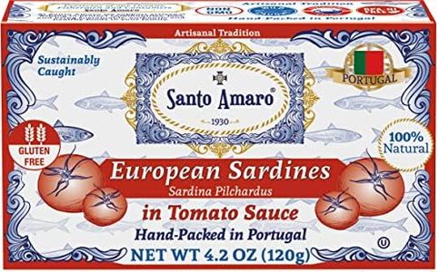 Santo Amaro - Authentic European Sardines in Tomato Sauce from Puree, Hand-packed Canned Sardines in Tomato Sauce from Portugal, Wild Caught Portuguese Sardines, 23g Protein, Paleo, Dash, Pack of 12