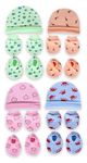 MOM'S DARLING Newborn Baby Cotton Cap, Mitten and Booties Combo Set | Infant Cap Set | Mittens Set | Bootie Set | Kids Gloves & Socks Set | Baby Gift Set | 0-12 Months | Pack of 4 Sets | Multicolor.