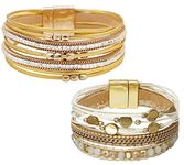 BAOKELAN 2 Pieces Leather Bracelet Set Multilayer Wrap Bracelets Crystal Wrist Cuff Bangles with Magnetic Buckle for Women Khaki Gold