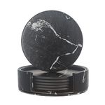 Coasters for Drinks, WAYIFON 6 PCS Premium PU Leather Coaster with Holder, Round Cup Mat Pad Set - Tabletop Protection for Home and Kitchen Use - Housewarming Gift - Marble Black Pattern