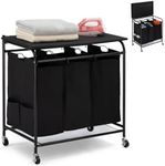 HollyHOME Laundry Sorter Cart with Foldable Ironing Board with Removable 3 Bags Laundry Hamper Sorter with Small Cloth Bags on Both Sides Black