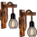 Ahageek Wooden Wall Light Hemp Rope, Industrial Wall Lamp Lamp Shade, E27 LED Retro Wall Light Living Room Bedside Table Corridor Cafe Bar (Without Bulb-2pcs)