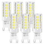 G9 LED Light Bulbs Cool White 4W, 6500K, No Flicker, AC 220-240V, Equivalent 40W G9 Halogen Bulbs, Non-Dimmable, 6 Pack