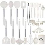 UXIYI Kitchen Utensils Set, Silicone Cooking Utensils, 27PCS Silicone Spatula Set with Stainless Steel Handle, Kitchen Tools for Nonstick Non Scratch Cookware,Cream