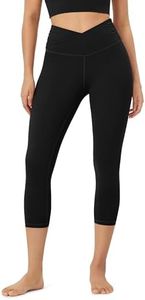 ODODOS Women's Cross Waist Cropped Yoga Leggings with Inner Pocket, Inseam 23" Gathered Crossover Workout Yoga Pants, Black, Large