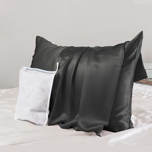 PROMEED Upgraded Grade 6A+ Black Silk Pillowcase with Zipper, 23 Momme Natural Mulberry Silk Pillow Cases for Hair and Skin - Easy Care with Free Laundry Bag (King 20"x36", Black)