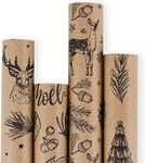 RUSPEPA Gift Wrapping Paper Roll - Brown Kraft Paper with Black Christmas Elements Print Paper - 4 Roll-30Inch X 10Feet Per Roll