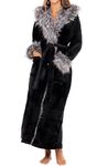 Alexander Del Rossa Women's Warm Fleece Robe with Hood, Long Faux Fur Plush Bathrobe, Black With Gray Wolf Fur Limited Edition, Small-Medium