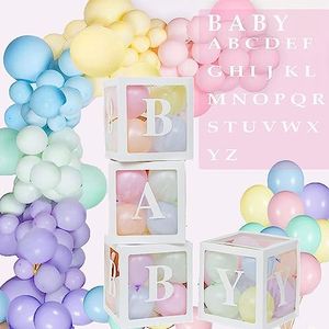 Baby Boxes with 30 Letters and 36 Balloons,Baby Boxes Decorations for Baby Shower,White Transparent Baby Block Balloon Party Boxes for Girl Or Boy Baby Shower,Gender Reveal Decor,Birthday Party