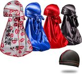 4PCS Silky Durags for Men 360 Waves, Designer Do Rag, Award 1 Wave Cap, Kiss Blue Black Red, Medium