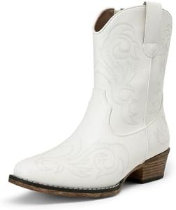 DREAM PAIRS Women's Cowboy Cowgirl Western Boots Embroidered Stitched Ankle Boots Square Toe Chunky Heel Fashion Short Booties with Zipper,Size 7,White,DWUMAB2511