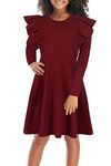 GORLYA Girl's Long Sleeve Ruffle Trim A-Line Swing Flared Skater Party Dress with Pockets for 8 Years Kids (GOR1019,7-8Y,WineRed)