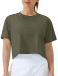 THE GYM PEOPLE Women's Workout Crop Top T-Shirt Short Sleeve Boxy Yoga Running Cropped Basic Tee Army Green