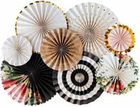 PartyToKo Folding Thick Paper Flower Hanging Paper Fan for Golden Theme Decoration (Black and Gold,Brown White Mix) 8 PCS