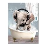 Funny Bathroom Wall Decor Art for Elephant Wall Art Canvas Bathroom Pictures Cute Farmhouse Animal in Bathtub Modern Bath Headphones Music Painting Accessories Home Decor