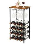 Wine Rack Freestanding Floor Wine Rack Table with Glass Holder 16 Bottle Wine Bar Rack with Tabletop Wood 5-Tier Wine Bottle Organizer Storage Stand Liquor Cabinet Bar for Home Rustic Brown