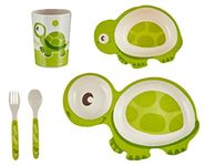 HS ENTERPRISE Bamboo Baby Tableware Set, Eco Friendly Bamboo Fiber Dinner Set for Weaning Toddlers/Kids, Set of Plate Bowl Cup Fork and Spoon/Baby Feeding Utensils for Kids and Toddlers (Turtle)