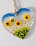 Fused Glass Hanging Heart With Sunflowers Valentine's Day Mother's Day Gift Sun catcher Present Wedding Anniversary Glass Heart