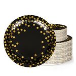 Vukehon 100PCS Disposable Black Paper Plates for Party Round Dinner Plates 7inch & 9 Inch Golden Foil Polka Dots, Black and Gold Party Supplies for Graduation, Birthday, Wedding, Cocktail Party