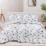 Mooreeke Queen Floral Comforter Set, White Grey Aesthetic Flower Printed Bedding Sets, 3 Pieces Vintage Comforters & Sets, 1 Soft Lightweight Microfiber Comforter and 2 Pillow Shams