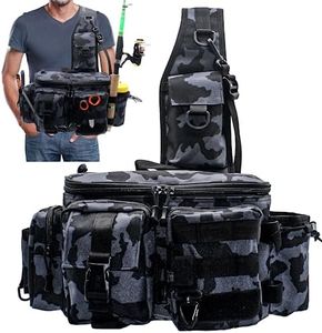 Zsrivk Fishing Tackle Bag Sling Shoulder Backpack with Rod & Gear Holder, Multi-functional Crossbody Storage Bag Waterproof Fishing Bag for Fly Fishing, Outdoor Sports