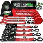 RHINO USA Ratchet Straps Tie Down Kit, 5,208 Break Strength - Includes (4) Heavy Duty Rachet Tiedowns with Padded Handles & Coated Chromoly S Hooks + (4) Soft Loop Tie-Downs