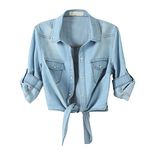 American Trends Women's Denim Shirt 3/4 Sleeve Tie Front Top Knot Chambray Cardigan Button Shirt Jean Crop Top Jacket, Light Blue, XX-Large