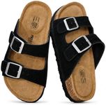 Project Cloud Genuine Leather Slides For Kids - Natural Cork Footbed Summer Sandals Beach Slide Sandals for Girls & Boys - Non-Slip Boys & Girls Sandals (Little Venita, BLKSUEDE,3)