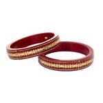 Hem Jewels by Ashok Jewellers 22kt (916) Yellow Gold Pola Bangles/Gold Wedding Chooda for Women with Purity Certificate and 916 Stamp (Set of 2pcs) - Red (Double Gold Strip with Swastik-2.8 Aani)