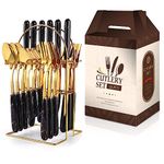 Cutlery Set, 24-Piece Home Safety Stainless Steel Silverware Set with Stand, Mirror Polishing Flatware Set Service for 6, Includes Knives, Forks, Spoons (Black-Gold)