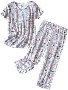 PNAEONG Women’s Pajama Set - Cotton-Blend Short-Sleeve Loose Top with Matching Capri Bottoms SY215-Coffee-L