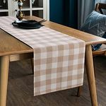 LONG WAY 100% Cotton Dining Table Runner-13 by 72 inches,Buffalo Check Table Runner Machine Washable Everyday Table Décor (Brown & White Check)